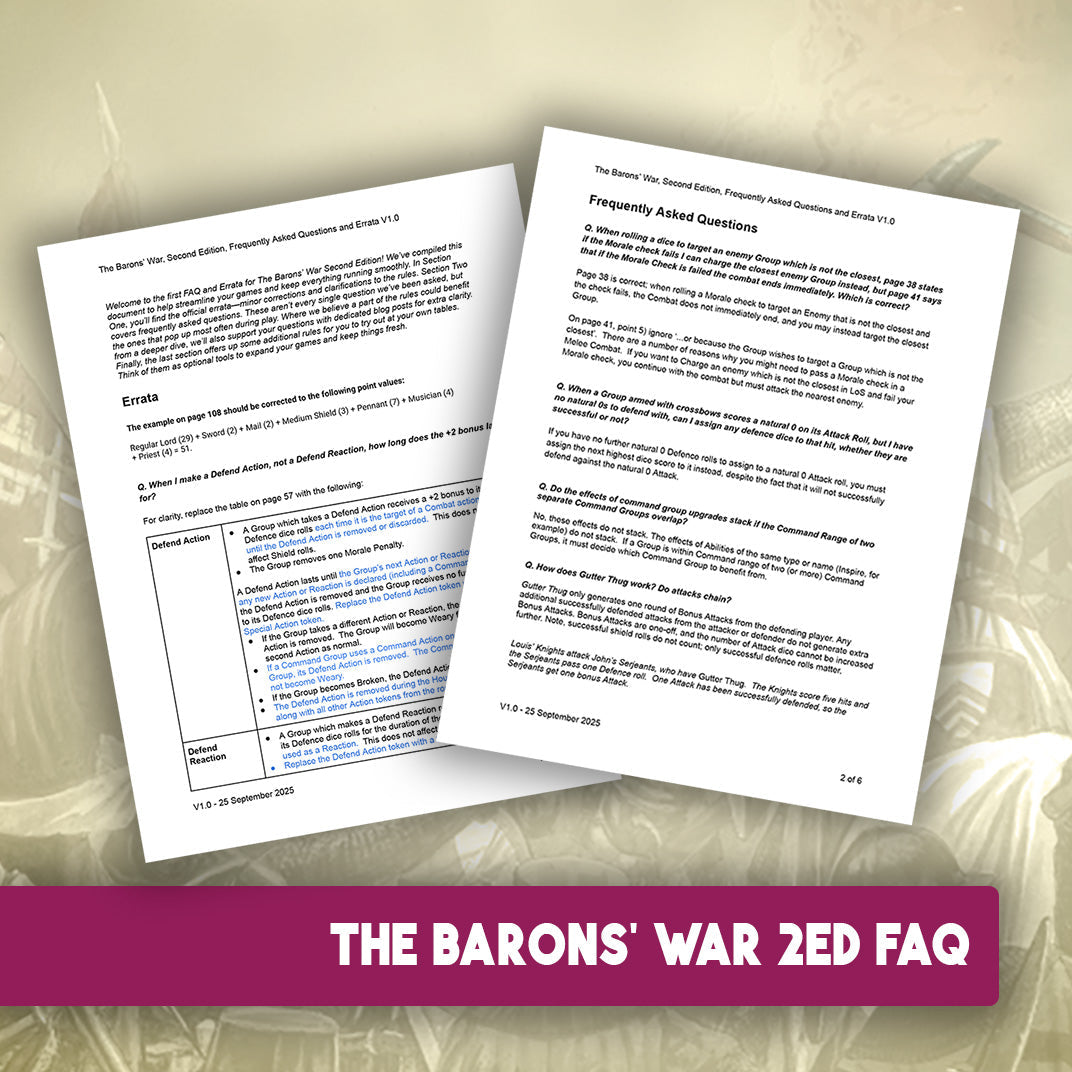 The Barons' War FAQ document featuring errata and frequently asked questions for gameplay.