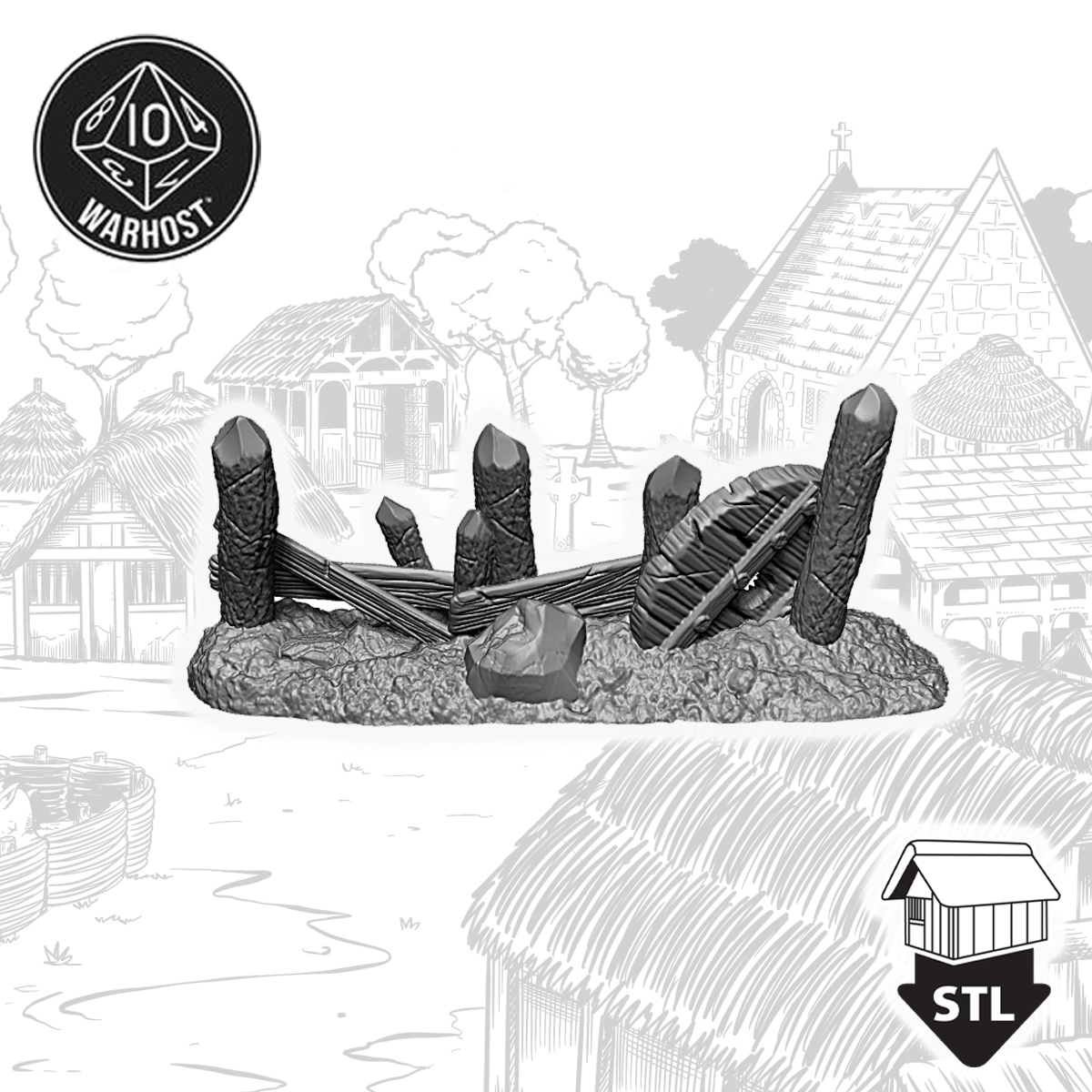 3D printed barricade terrain set with rock and wooden details, ready for gaming; includes STL files for printing.