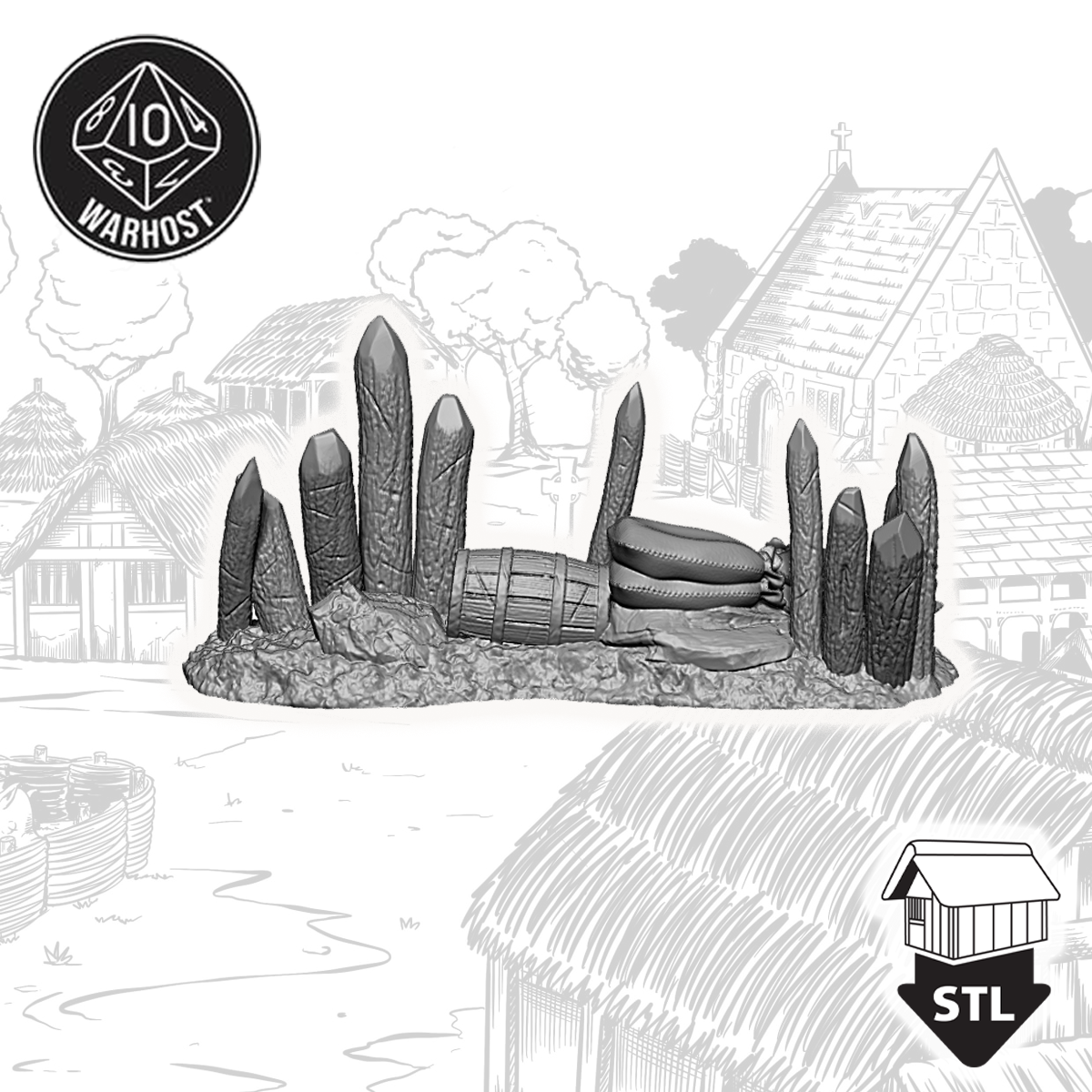 High quality 3D printable barricade terrain set featuring stones and barrels, ideal for tabletop gaming.
