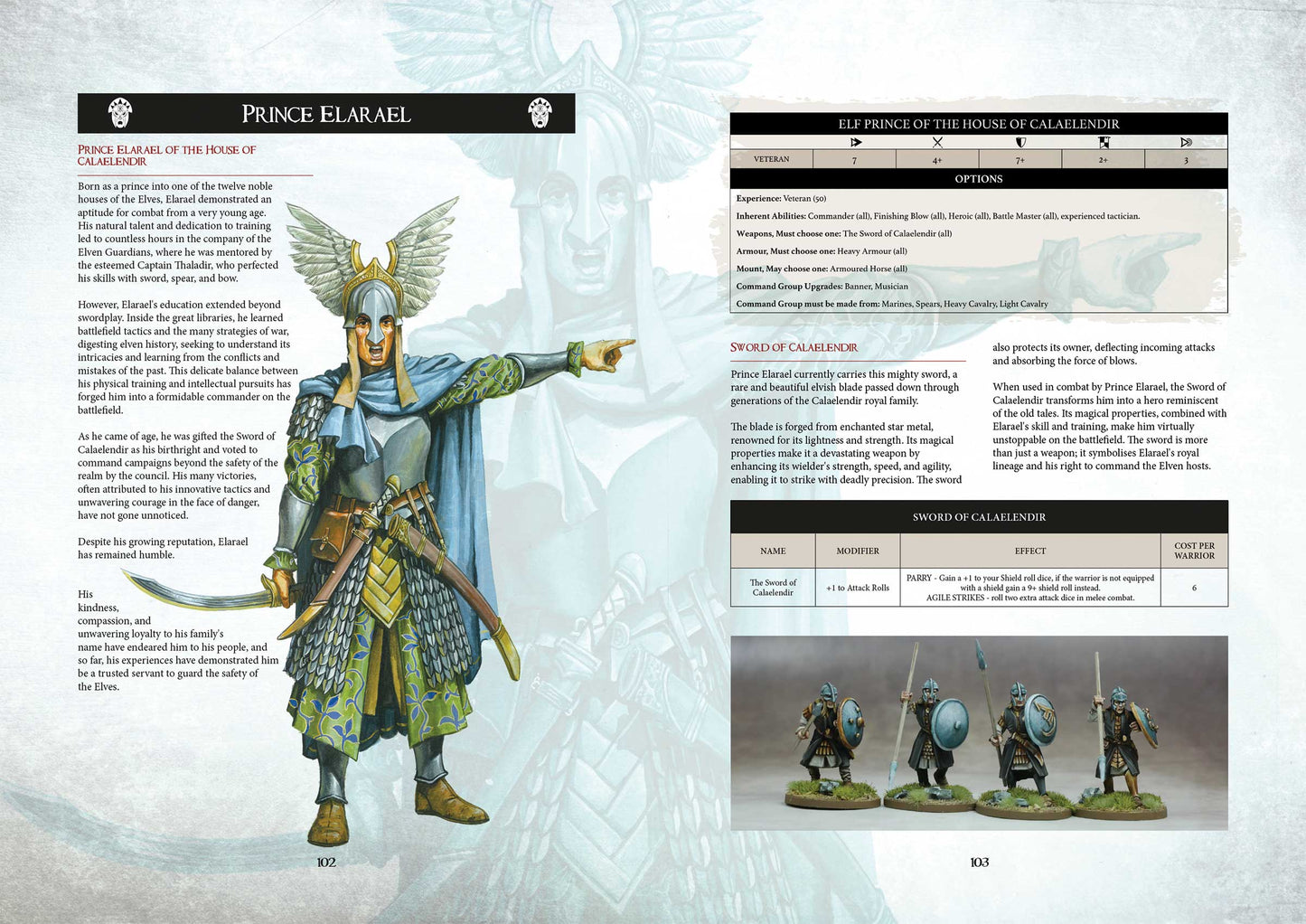 Prince Elarael from Warhost: A Fantasy Compendium, depicted alongside miniature figures and game stats, fantasy tabletop RPG.