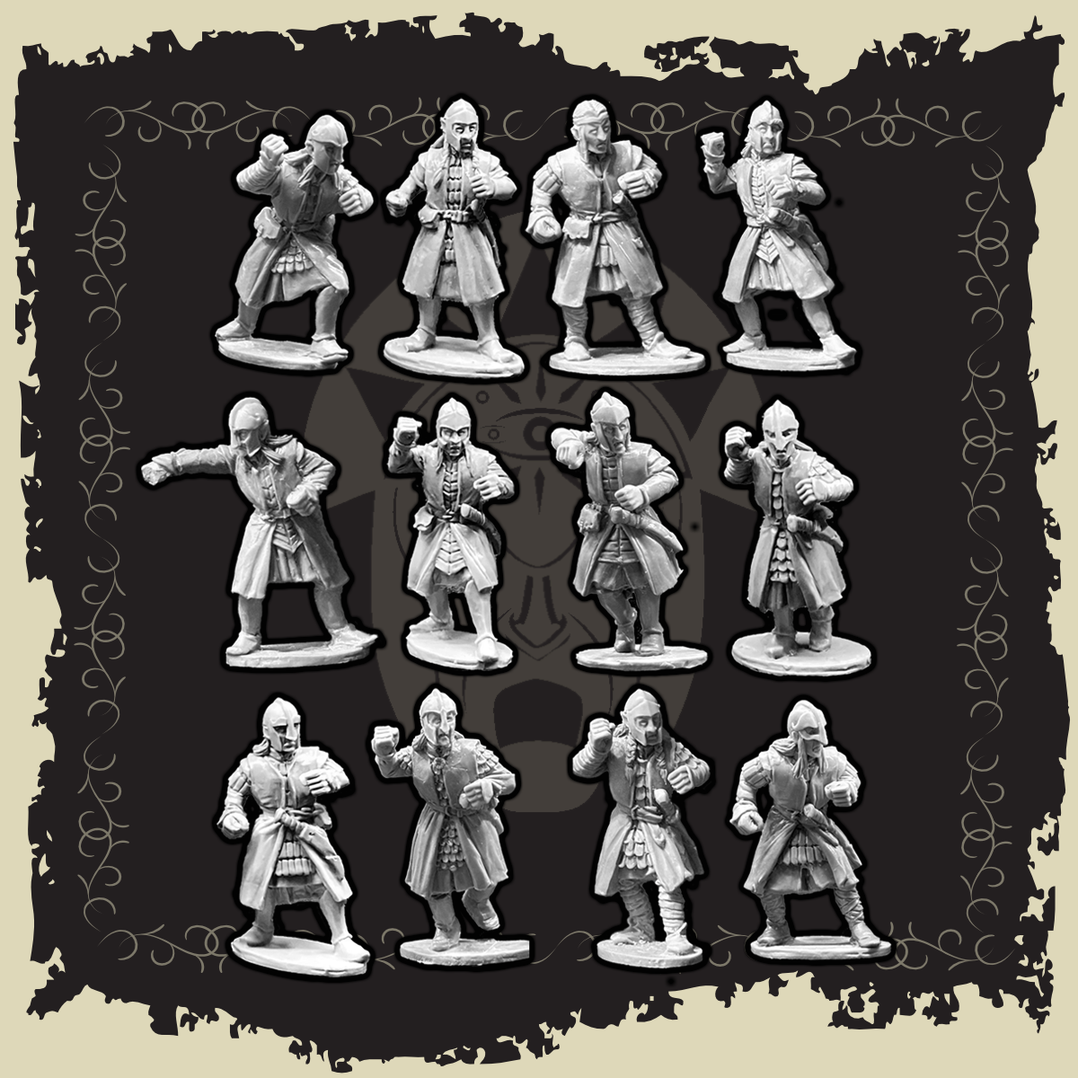 Elven Warriors with Spears & Shields figurines displayed in various poses, showcasing detailed craftsmanship and design.