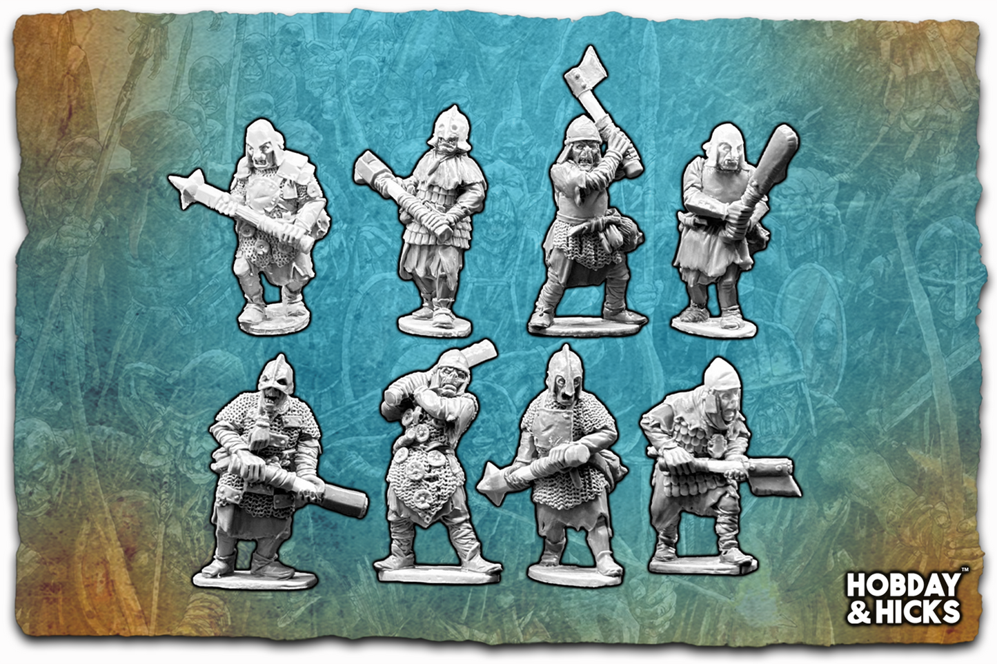 Orc Linebreaker Berserkers set of eight 28mm metal miniatures for tabletop gaming, featuring fierce warrior designs.