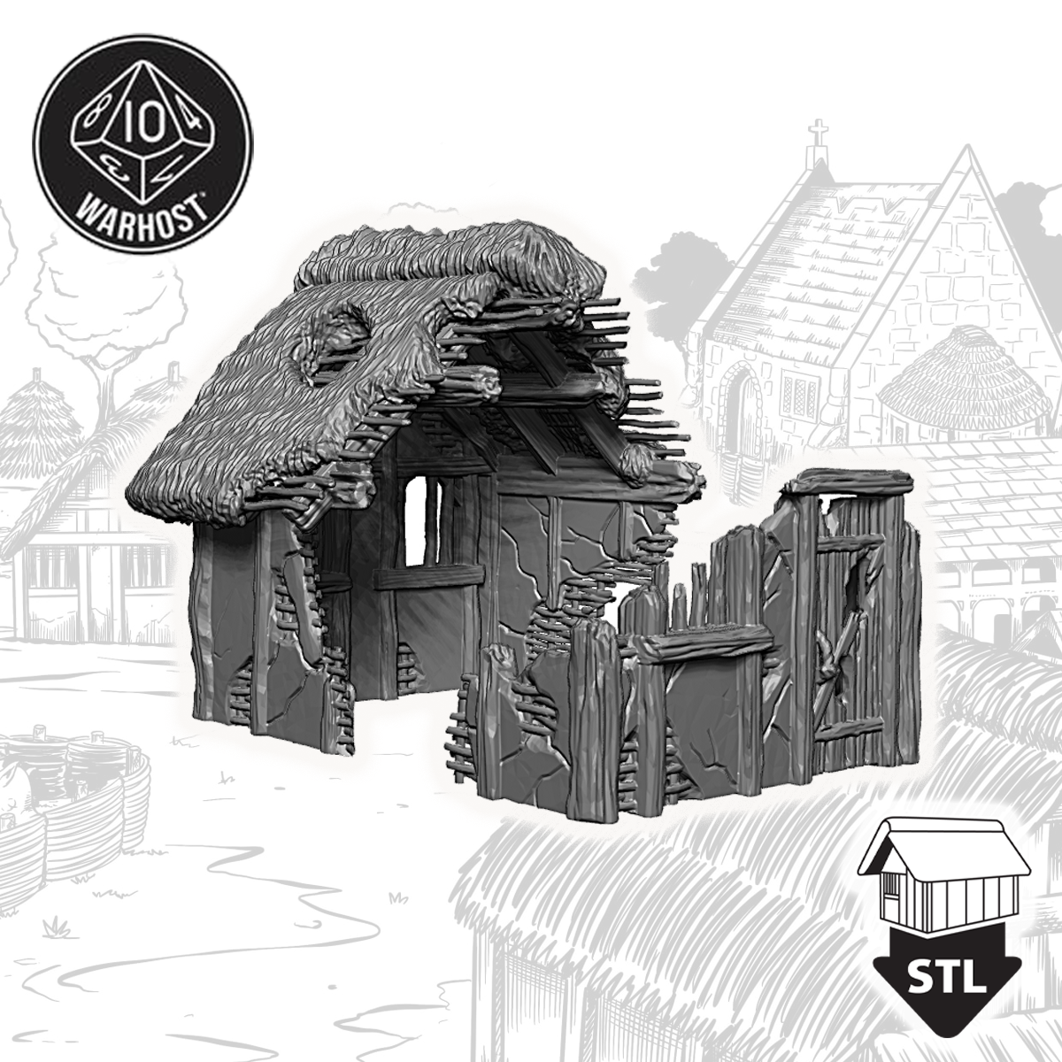 Ruined Hovel terrain piece for 3D printing, featuring detailed textures and pre-supported STL files.