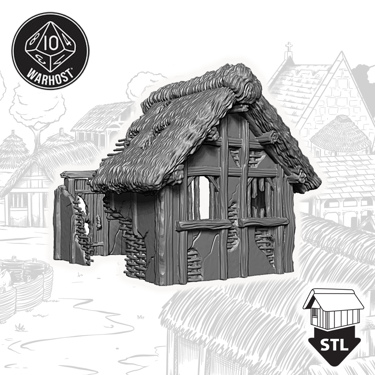 Ruined Hovel 3D terrain model with detailed thatched roof, available for STL download and print. Ideal for tabletop games.