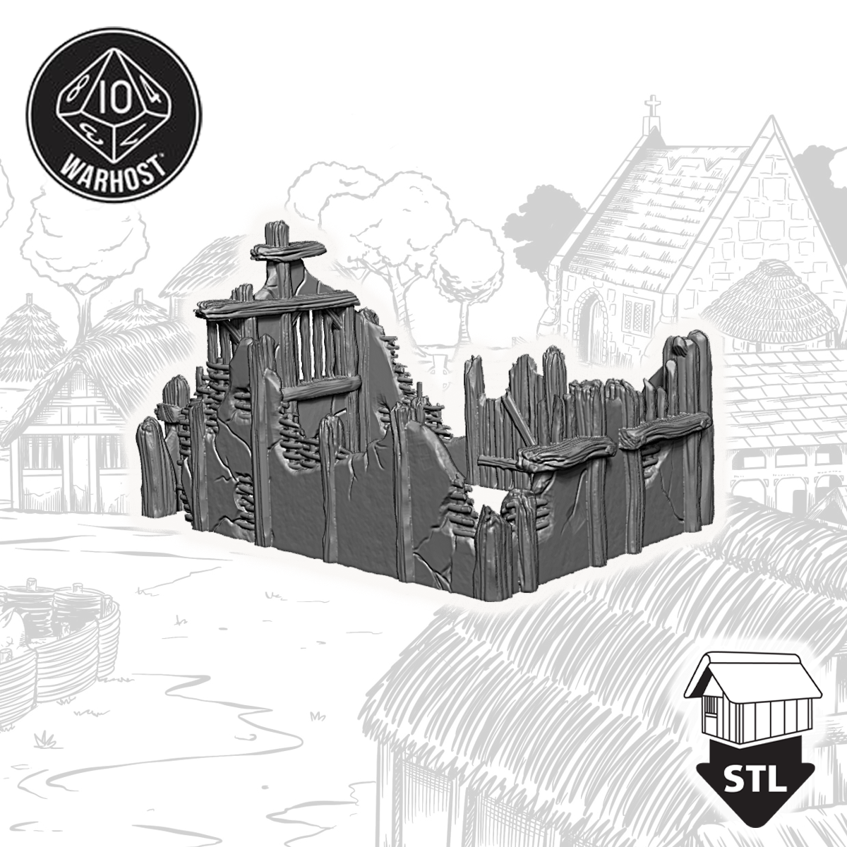 Ruined Hovel 3D terrain piece model STL for printing, featuring detailed ruined wooden structure.