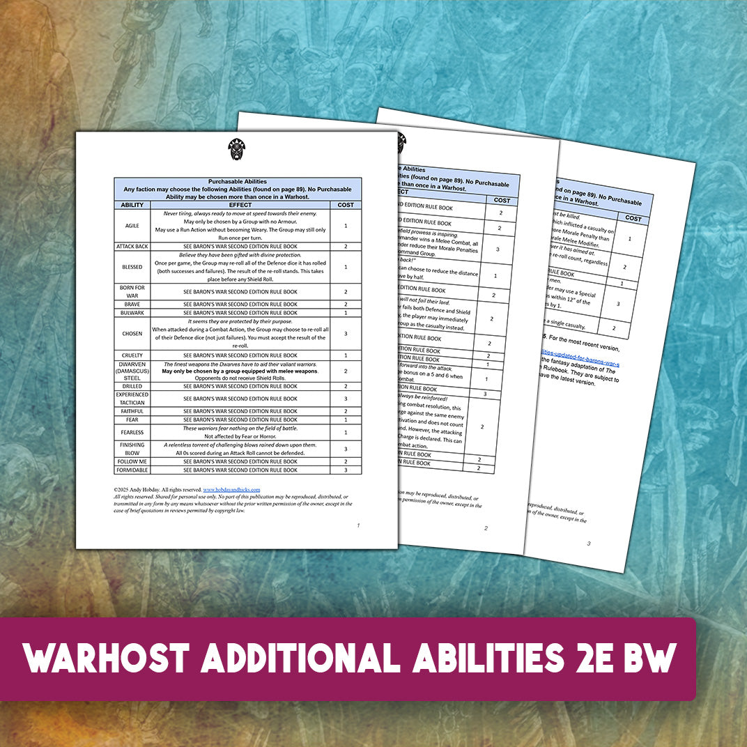 Warhost Additional Abilities table updated for Barons' War Second Edition, showcasing new skills for fantasy warbands.