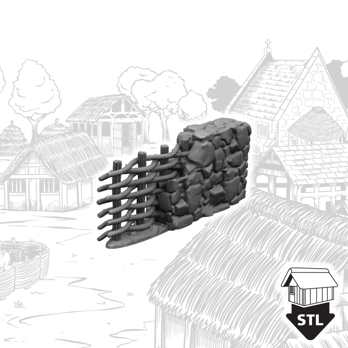 Dry Stone Wall to Wattle Fence Connector 3D model with STL file for printing terrain pieces.