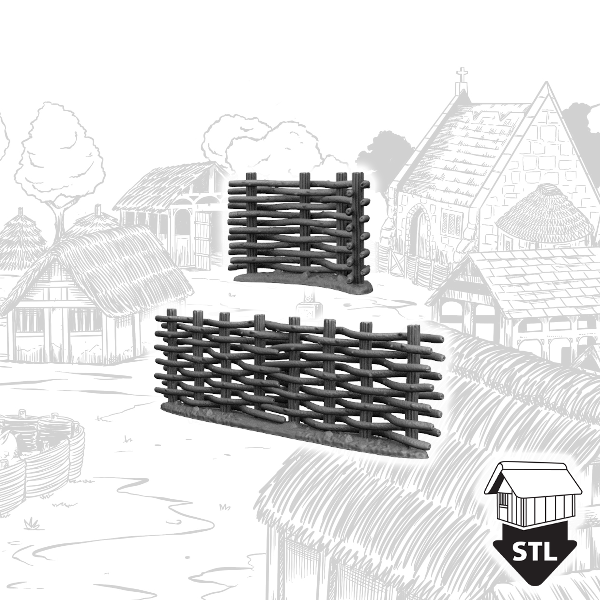 Wattle Fences 3D printed model shown in front of a village backdrop, includes STL file for printing.