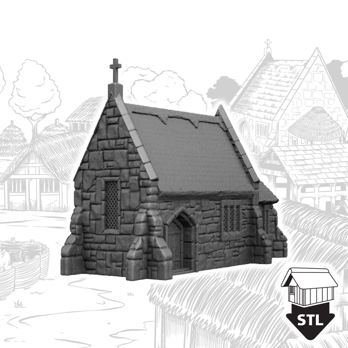 3D printed Church model with detailed stone texture and cross, includes STL files for easy printing.