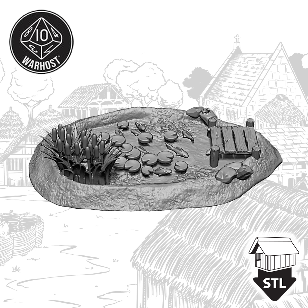 3D printed Village Pond model with vegetation and stones, available as an STL file for terrain printing.