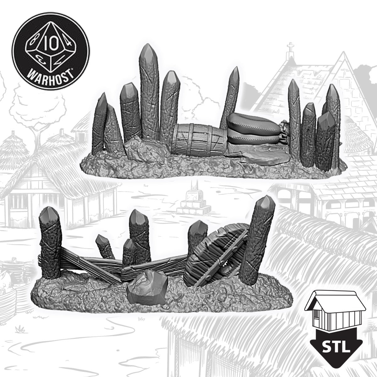 High-quality 3D print of a barricade terrain piece with rocks and wooden structures, includes STL file for easy printing.