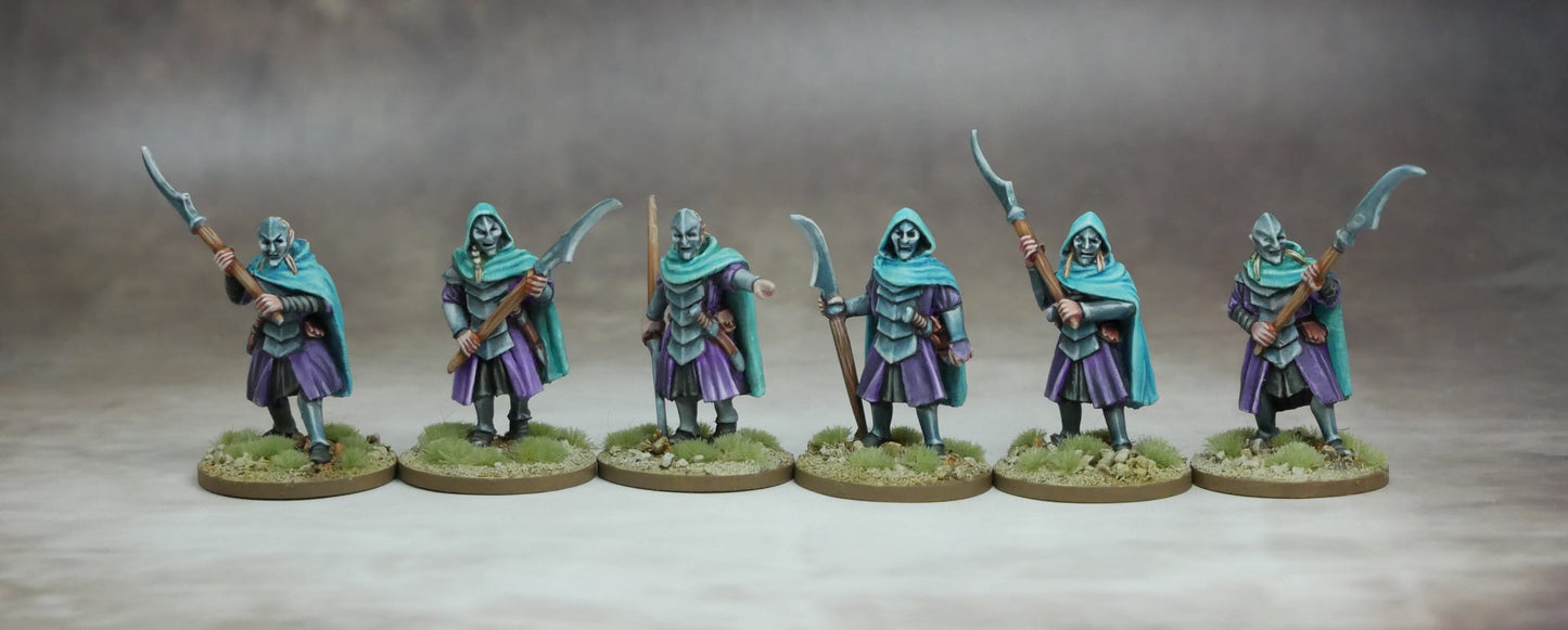 Mhanadir, Storm Mage & Elven Guardians - Six elven guardians in cloaks with scythes.