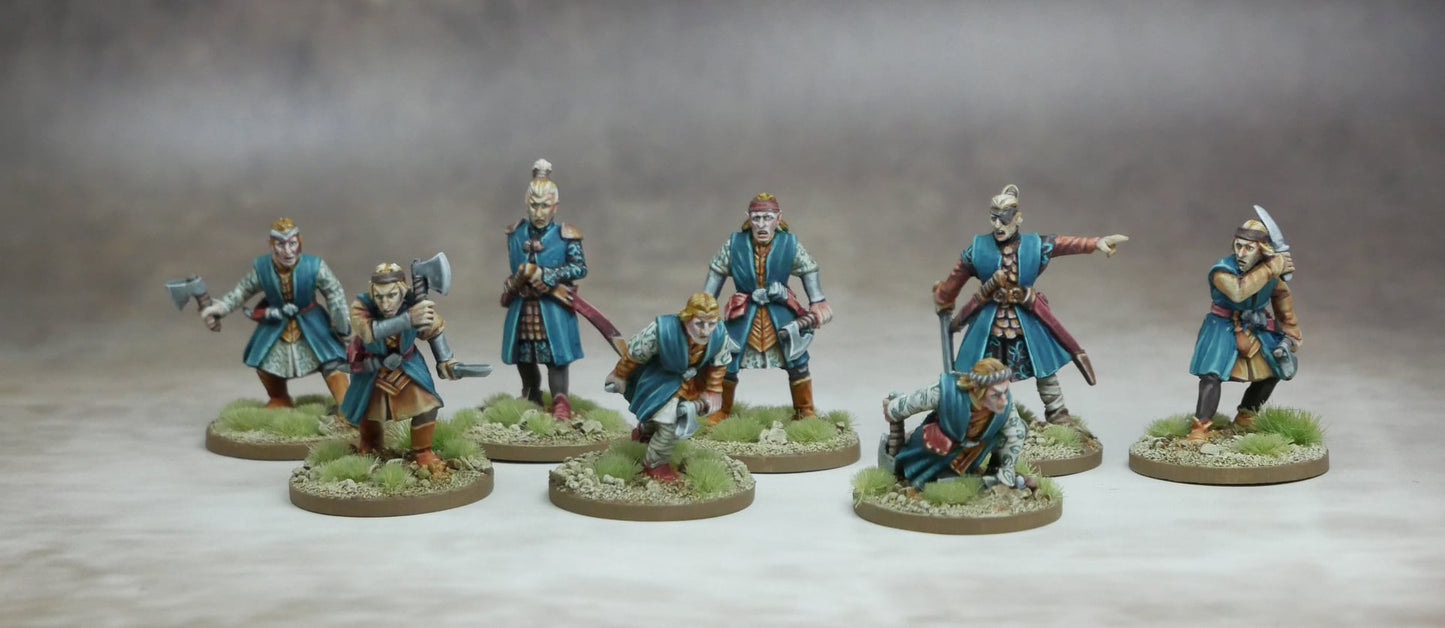 A group of Elven Marines figurines in blue attire, showcasing their unique weapons and combat readiness.