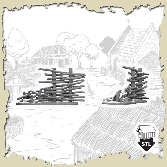 Broken Wattle Fence 3D terrain model in STL format, showcasing detailed design for tabletop gaming.