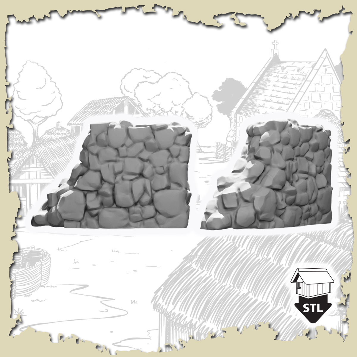 Broken Dry Stone Wall 3D model for printing, includes STL files and a pre-supported option.