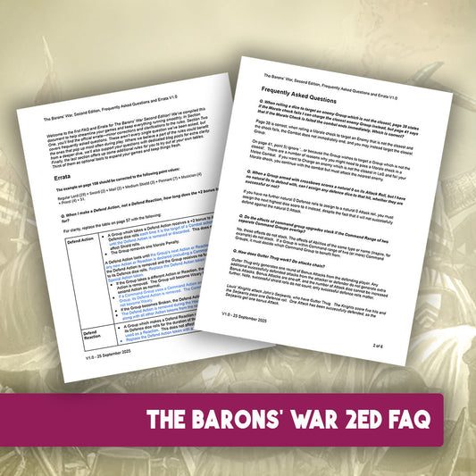 The Barons' War FAQ document featuring errata and frequently asked questions for gameplay.