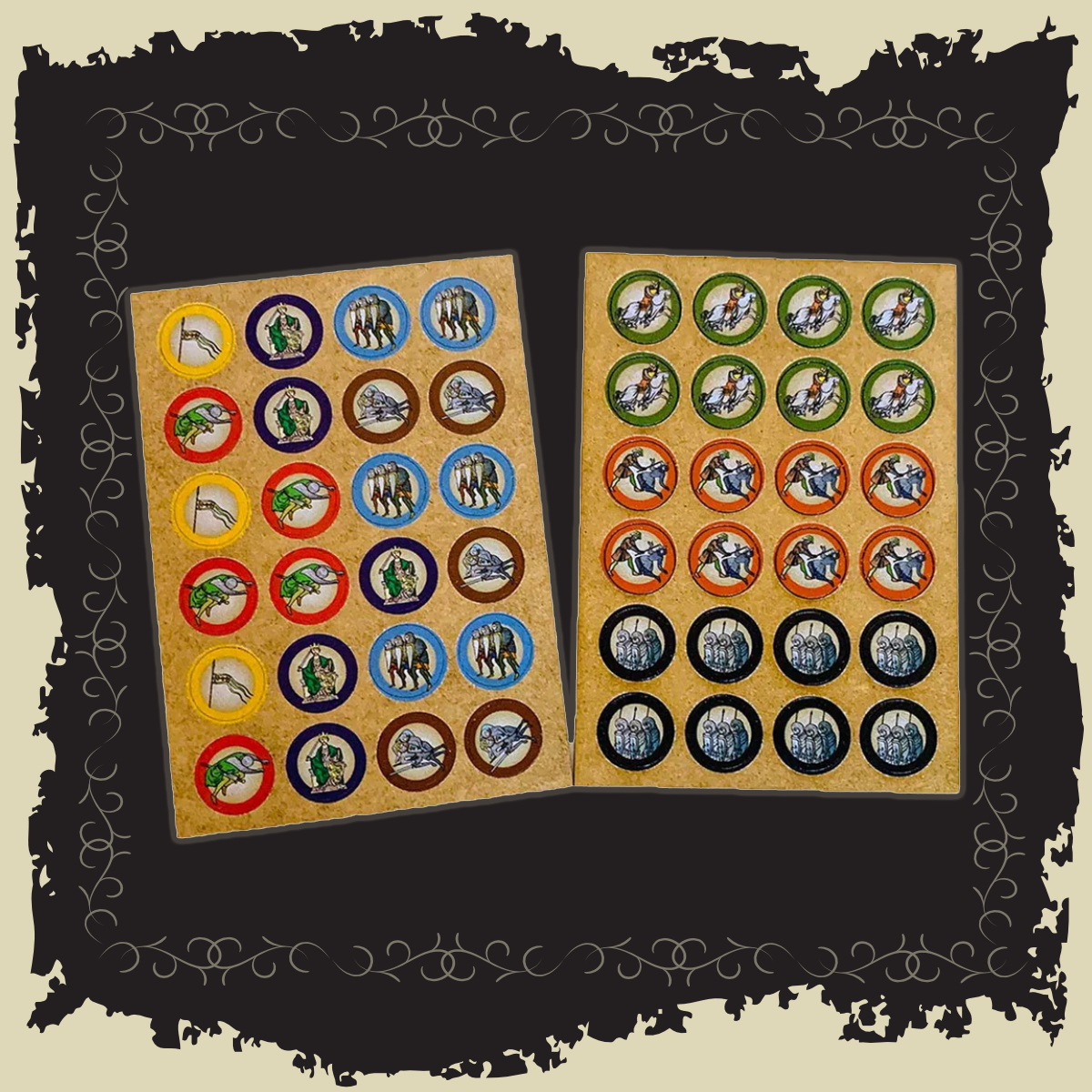 The Barons' War Action Tokens set displaying 24 vibrant double-sided MDF game tokens for actions and reactions.