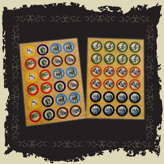 The Barons' War Action Tokens set displaying 24 vibrant double-sided MDF game tokens for actions and reactions.