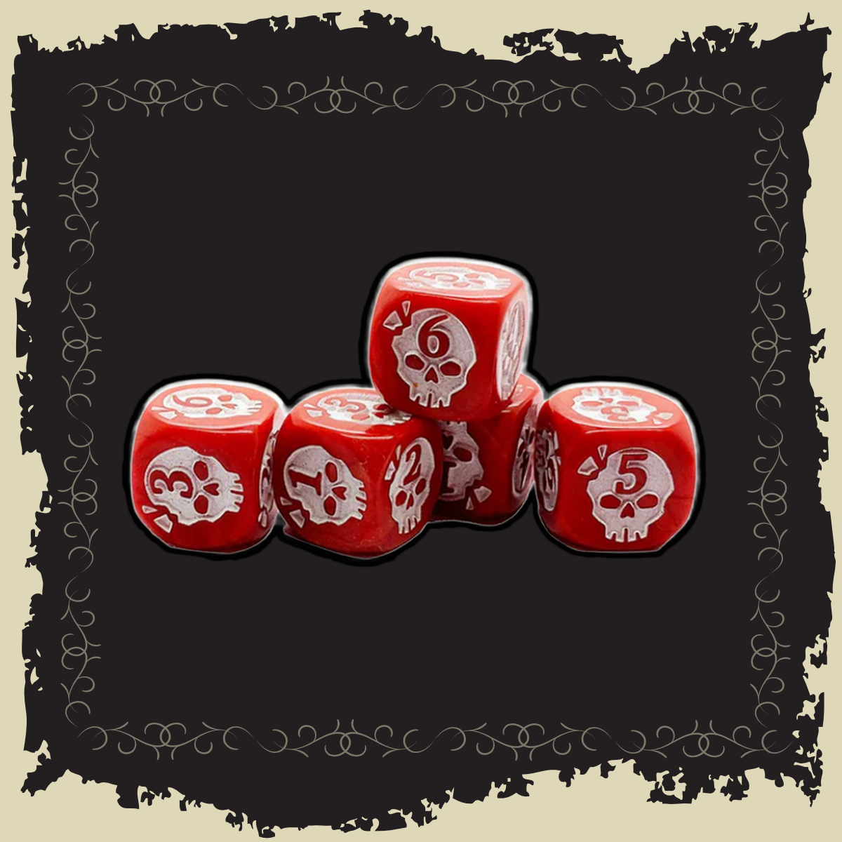 Morale Dice (5) - Custom 16mm red dice for recording group morale, featuring unique skull designs.