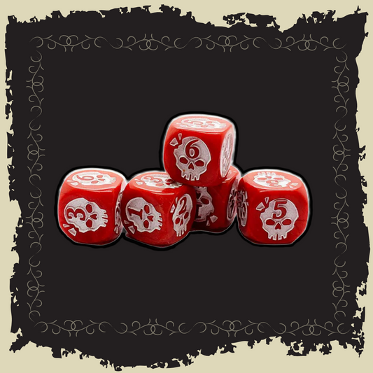 Morale Dice (5) - Custom 16mm red dice for recording group morale, featuring unique skull designs.