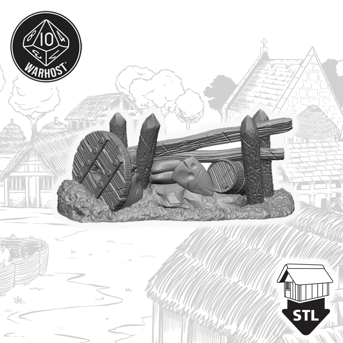 3D printed barricade set featuring wooden logs and shields for tabletop terrain, available as STL file download.