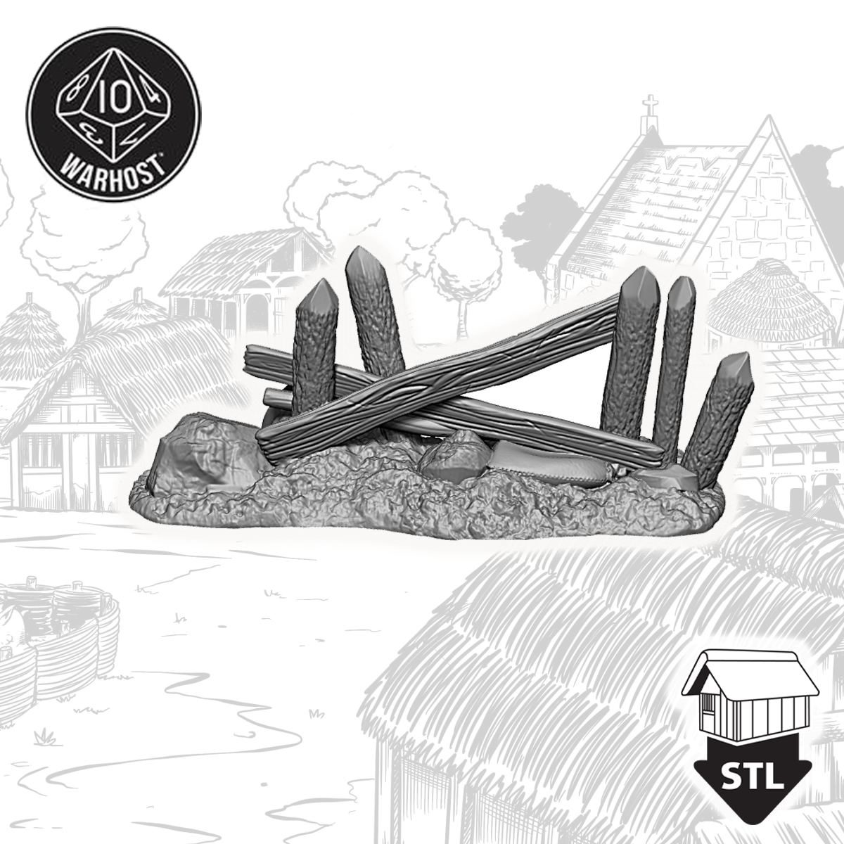 3D printed barricade set terrain piece with detailed logs and rocks, available as STL download.