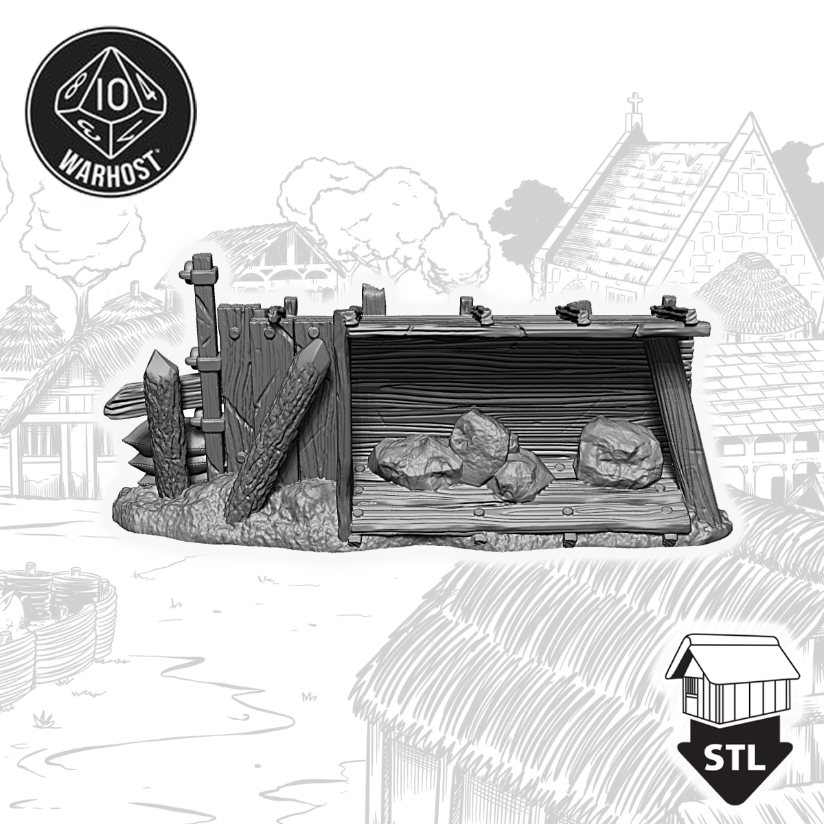 High quality 3D terrain barricade model with rocks, ideal for tabletop gaming and printing using STL files.