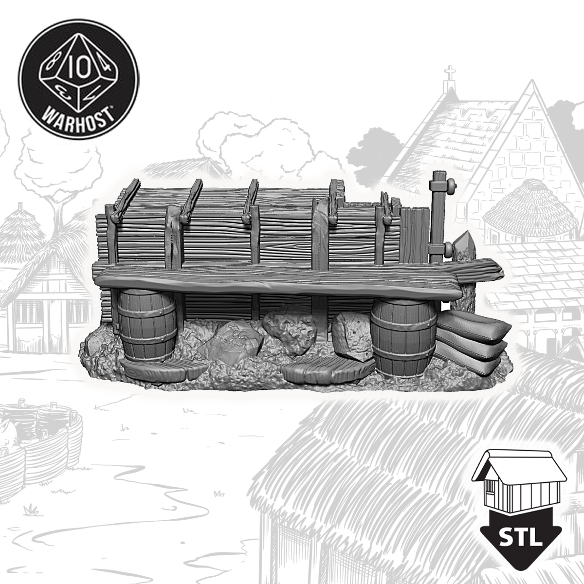 3D printed barricade set with barrels, designed for tabletop gaming terrain and includes STL files for printing.