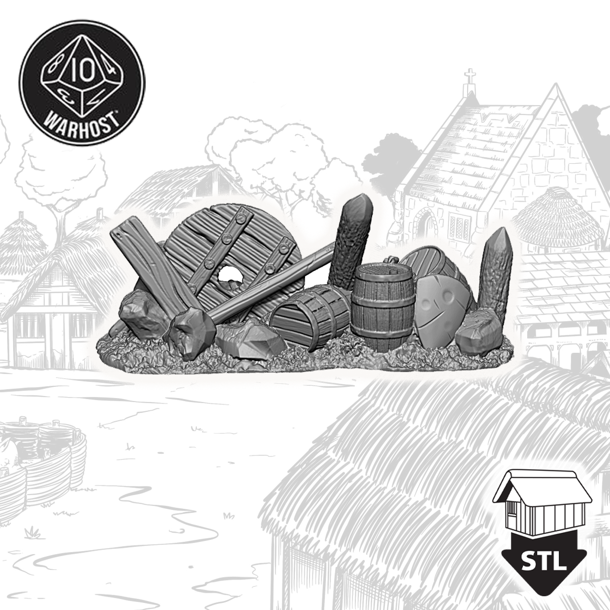 High-quality 3D printable barricade set featuring terrain pieces like barrels and wooden planks, ready for STL download.