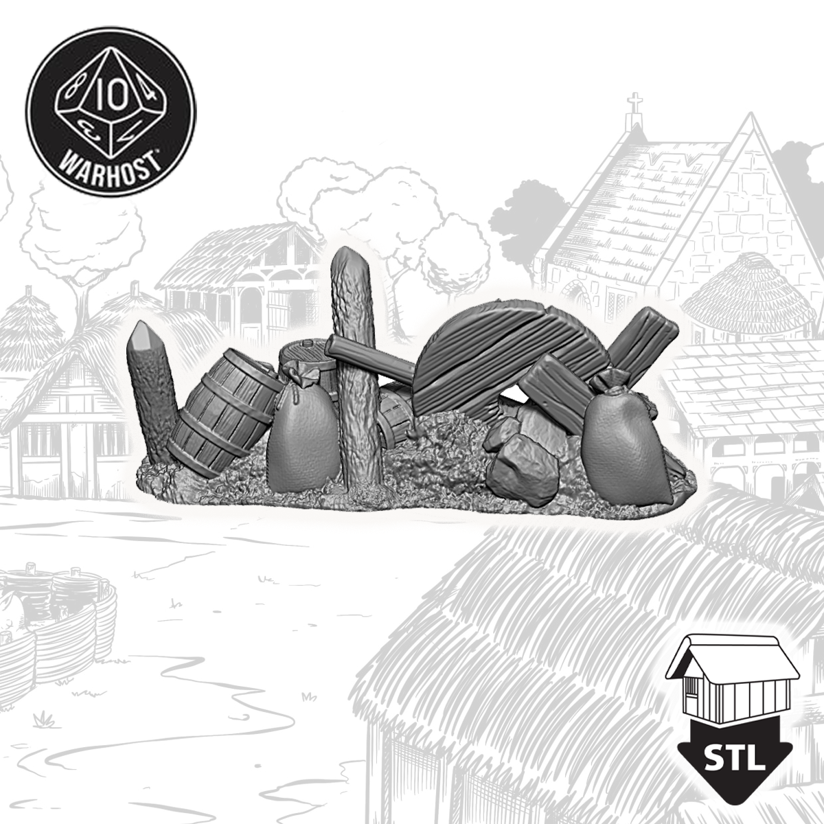 3D printed terrain piece barricade set with barrels and wooden logs, ideal for tabletop gaming and model making.
