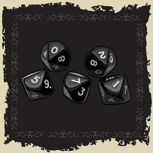 Black d10 Dice (5) - Set of five black dice with white numbers, ideal for gaming and Warhost.