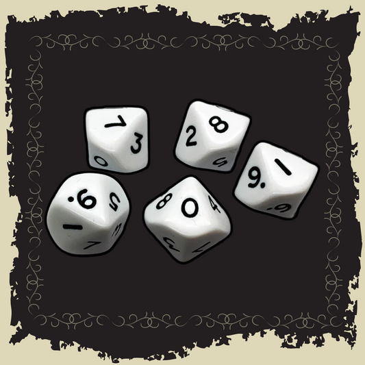 White d10 Dice (5) pack featuring five white d10 dice ideal for The Barons' War tabletop games.