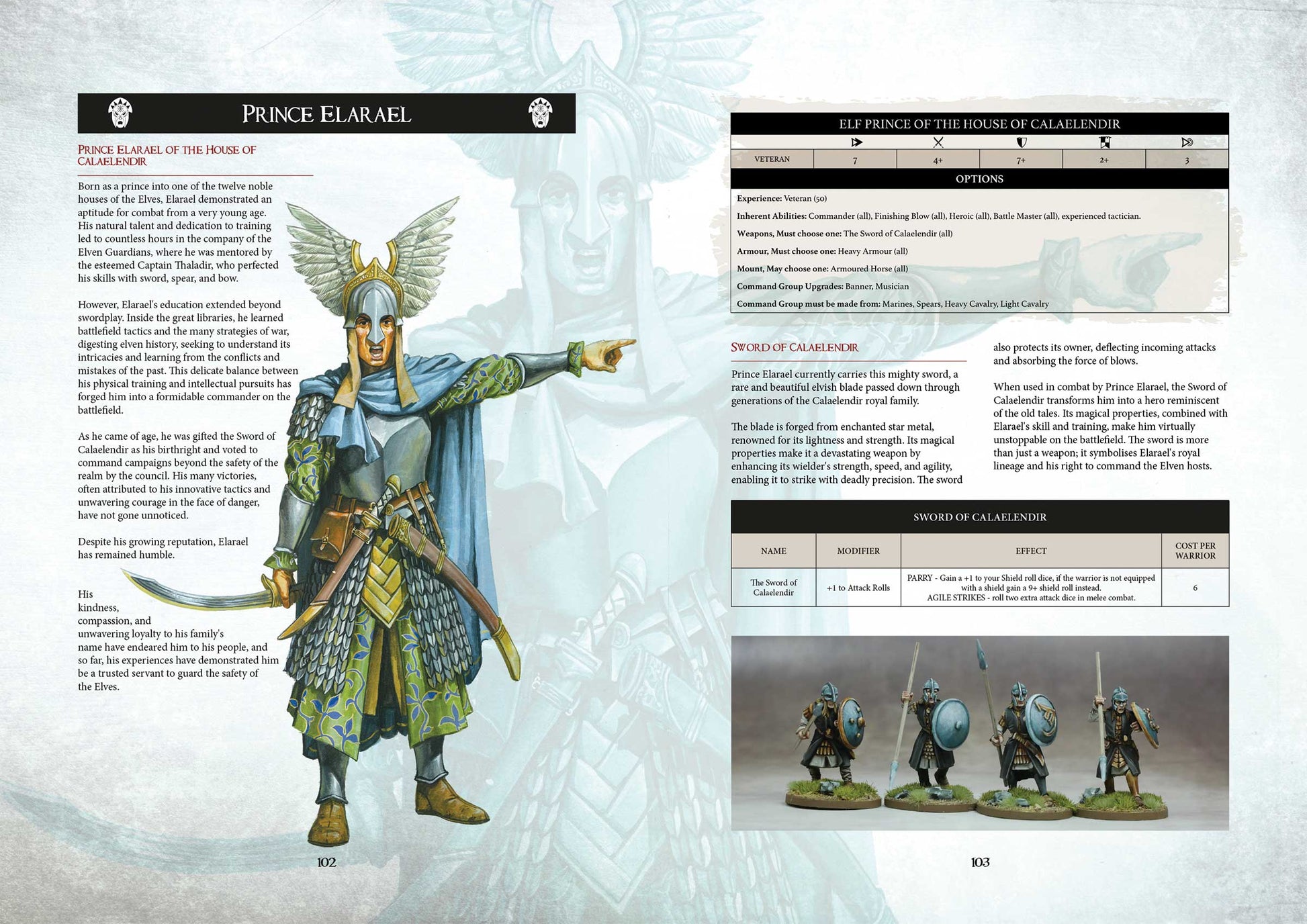 Prince Elarael from Warhost: A Fantasy Compendium, depicted alongside miniature figures and game stats, fantasy tabletop RPG.