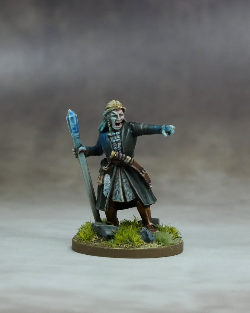 Elf High Mage character in a dynamic pose with a gemstone staff, surrounded by grass on a scenic base.