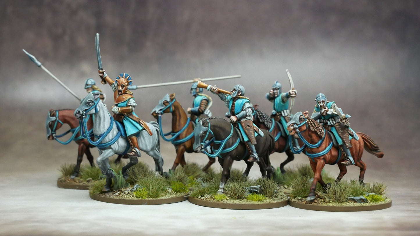 Elven Light Cavalry charging into battle, showcasing their agility and bond with their horses.