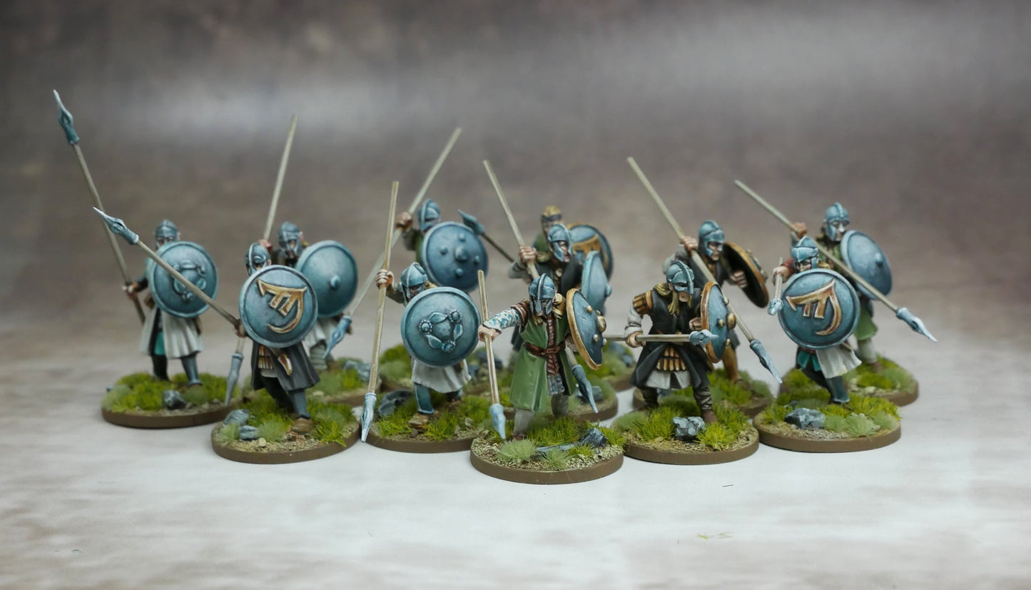 Elven Warriors with Spears & Shields march into battle, showcasing their agility and precision on the battlefield.