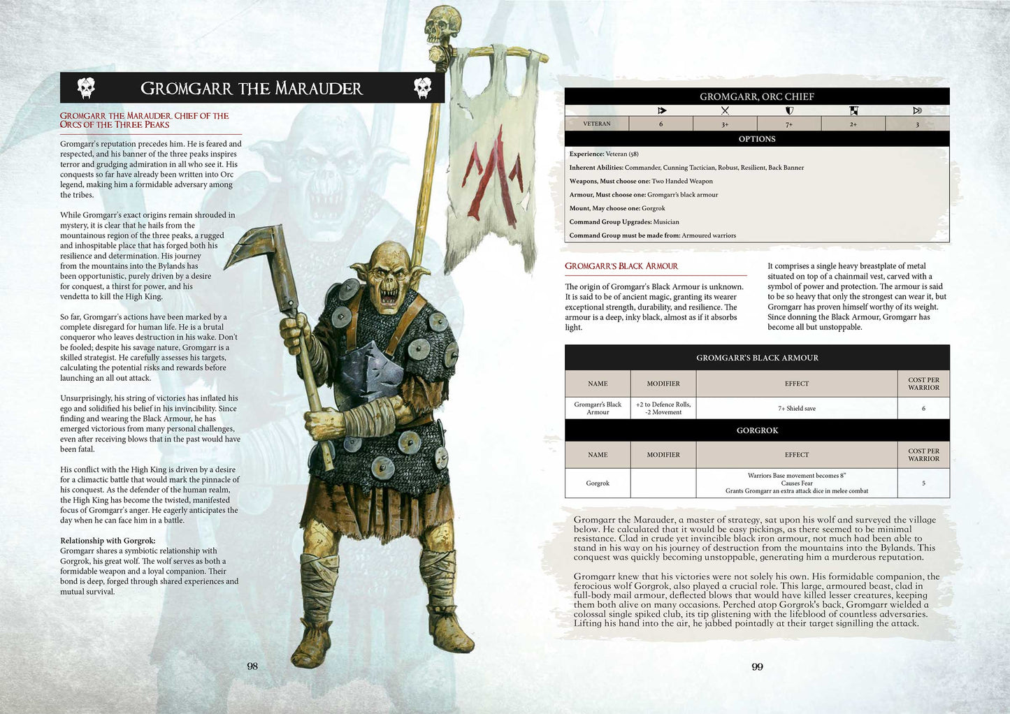 Warhost: A Fantasy Compendium featuring Gromgarr the Marauder, an orc chief with battle options and lore.