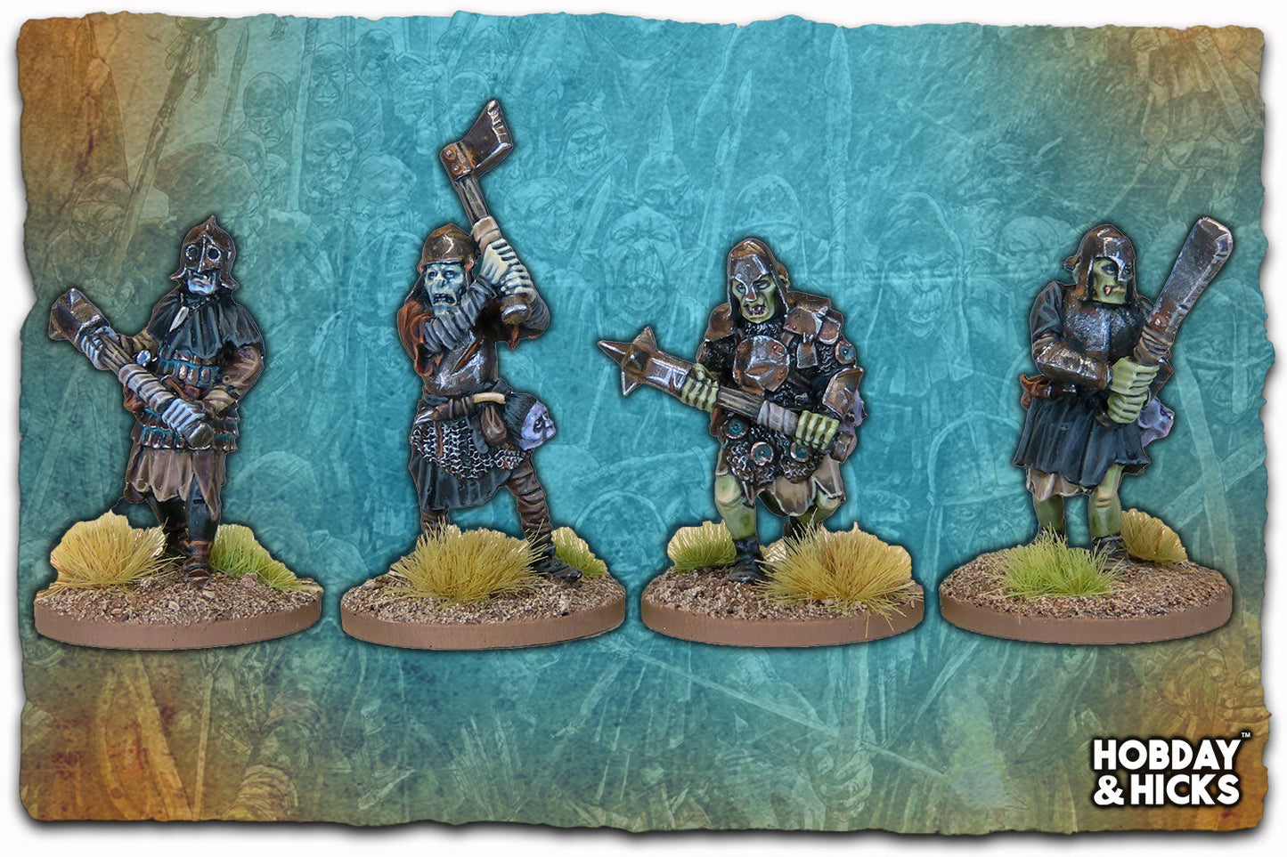 Orc Linebreaker Berserkers miniatures set showcasing four detailed figures ready for battle.