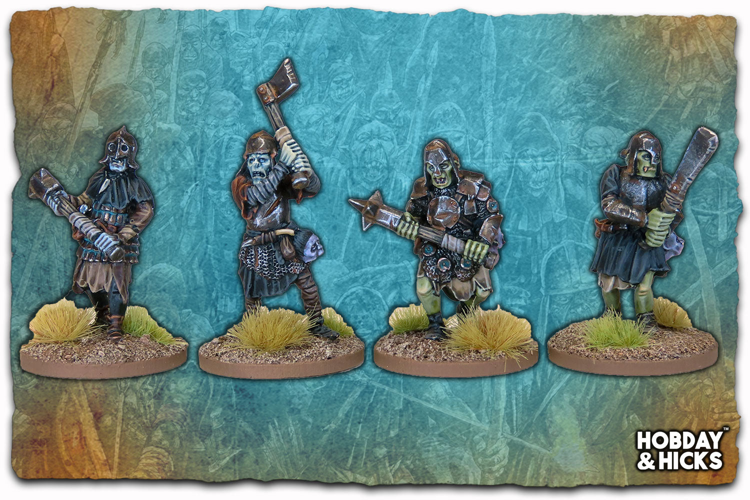 Orc Linebreaker Berserkers miniatures set showcasing four detailed figures ready for battle.