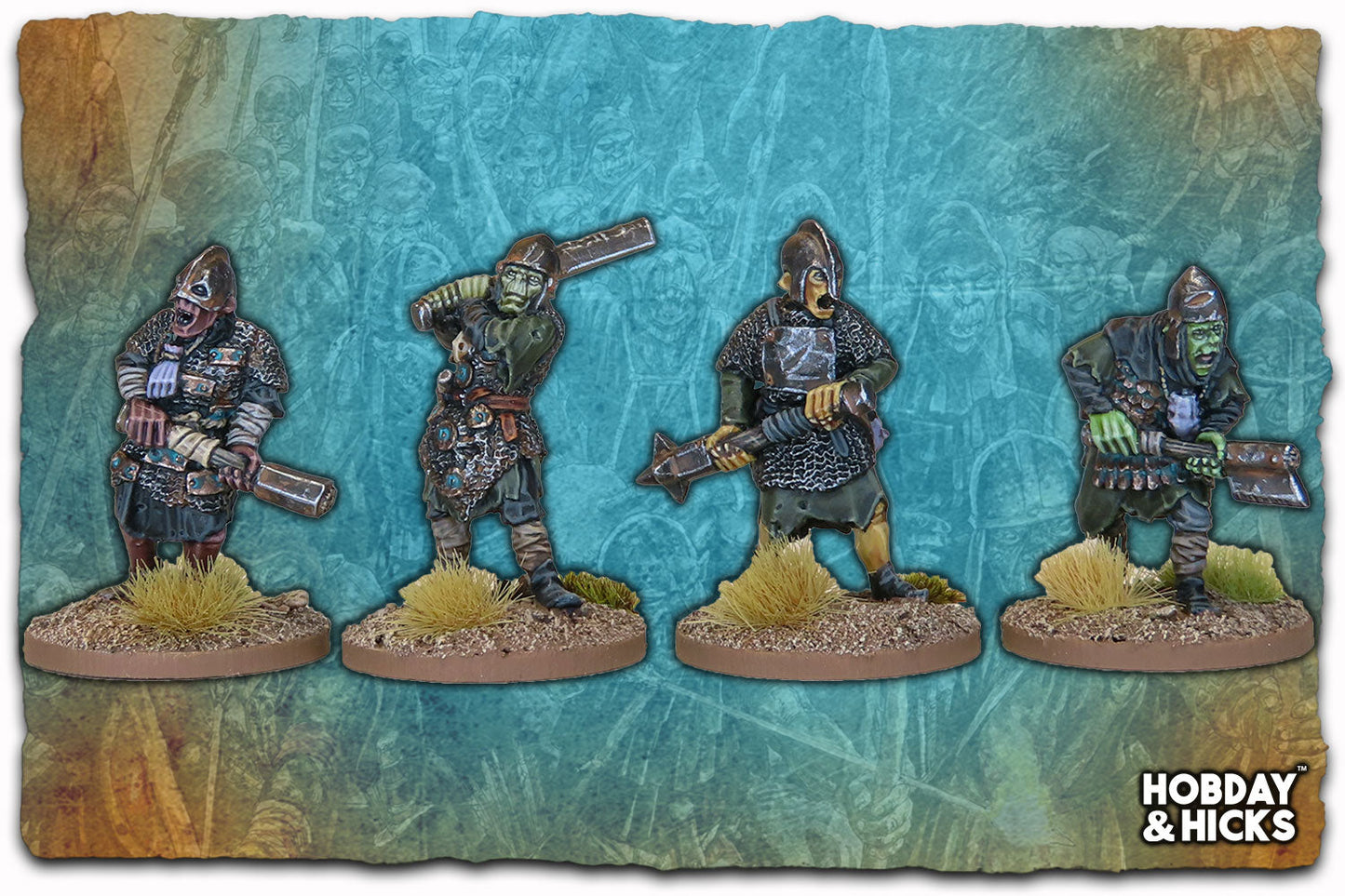 Orc Linebreaker Berserkers set of four 28mm metal miniatures with detailed paintwork on a textured background.