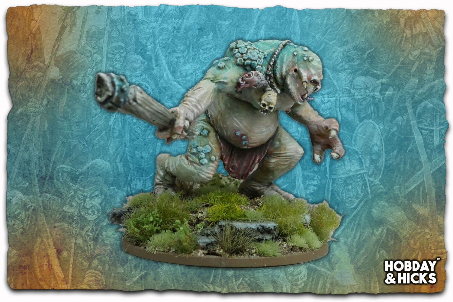 Mountain Troll miniature figure with a club, unpainted, 28mm scale, on a detailed 50mm round base.