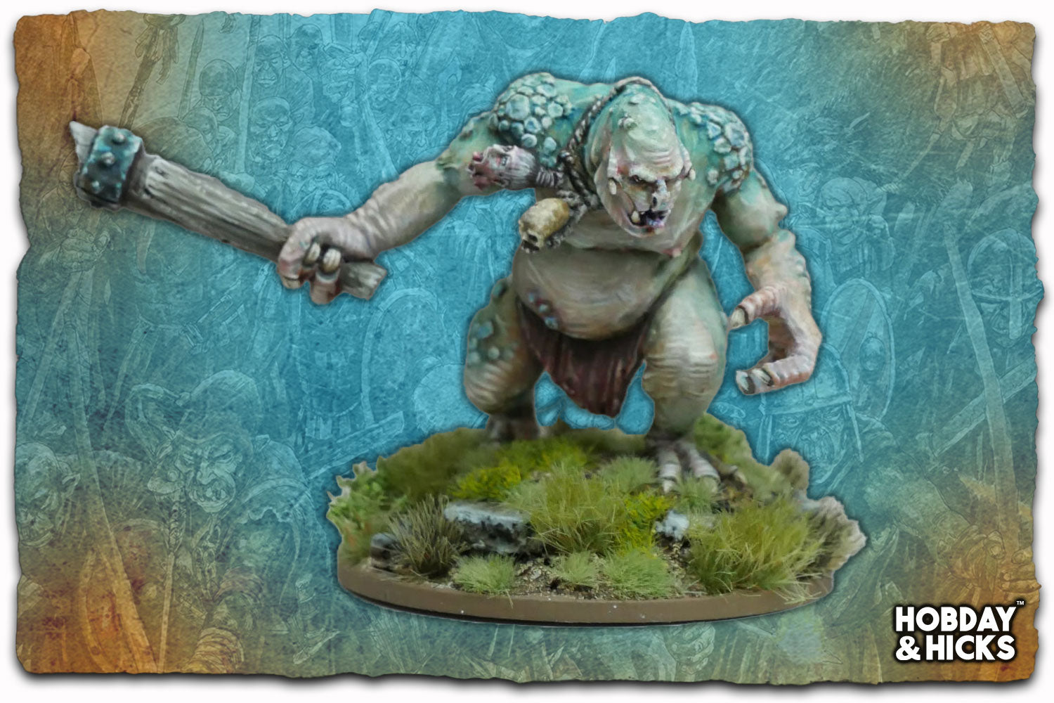 Mountain Troll resin miniature standing on a scenic base, ready for tabletop gaming. Unpainted and may need assembly.
