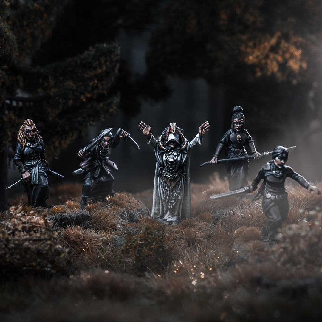 White Seer & Widow Blade figures standing in a misty forest, showcasing intricate details and mysterious atmosphere.