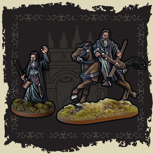 Mordrin Blackfire figurines showcasing a powerful wizard on foot and a mounted wizard, embodying dark magic.