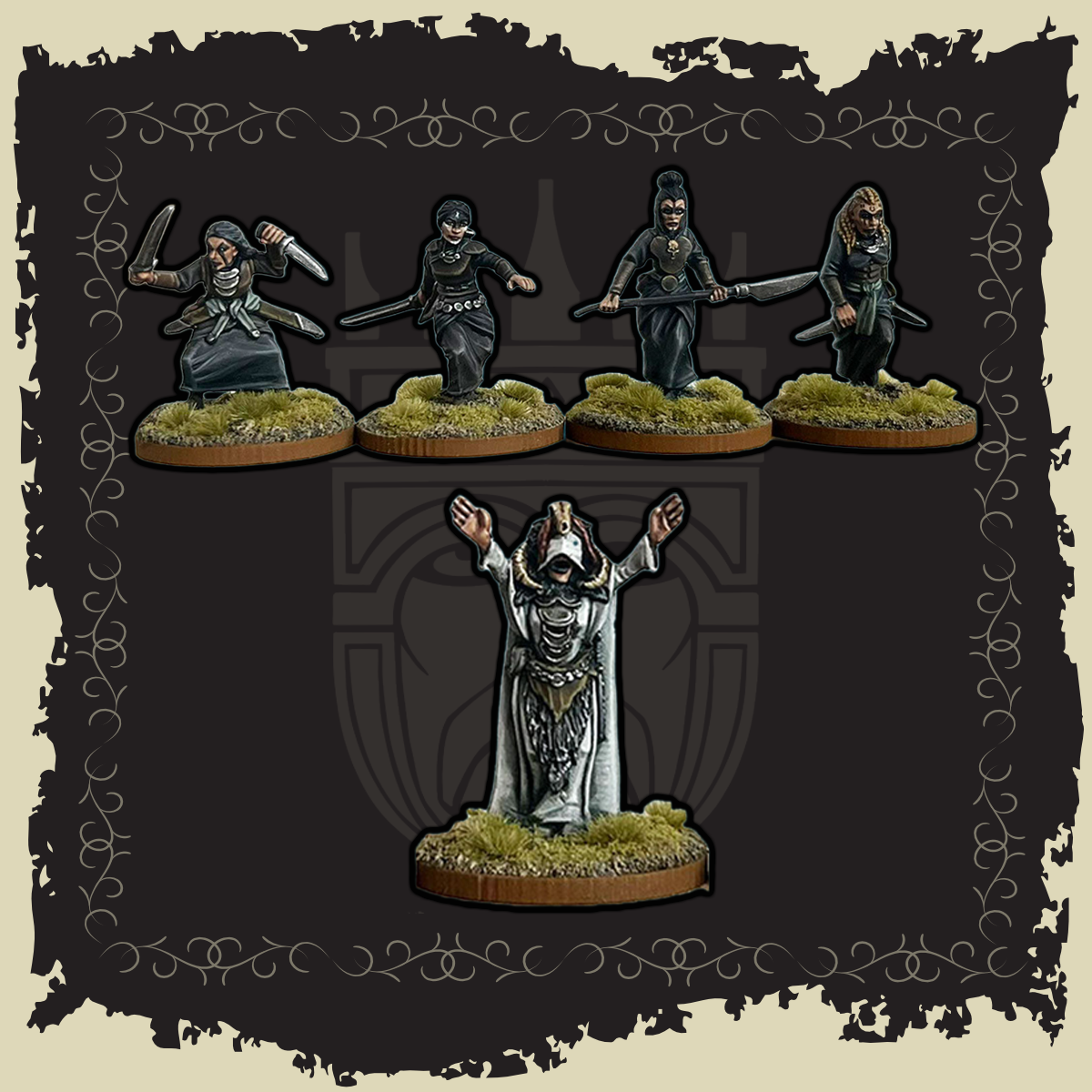 White Seer & Widow Blade miniatures collection showcasing intricate designs and elven details.