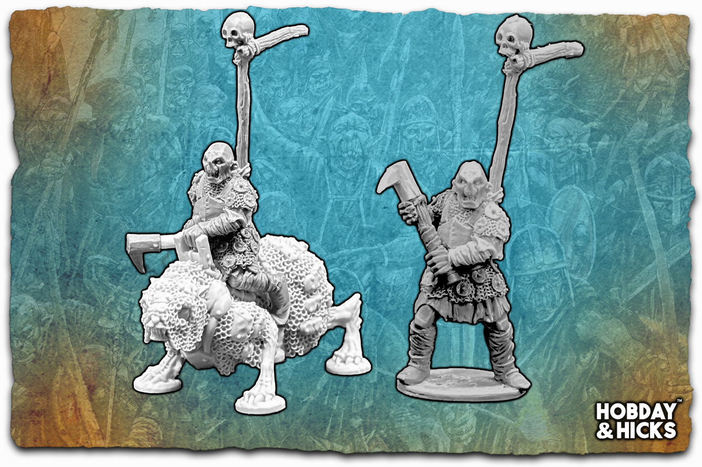 Gromgarr the Marauder, Chief of the Orcs of the Three Peaks, miniature figures with weapons and skulls.