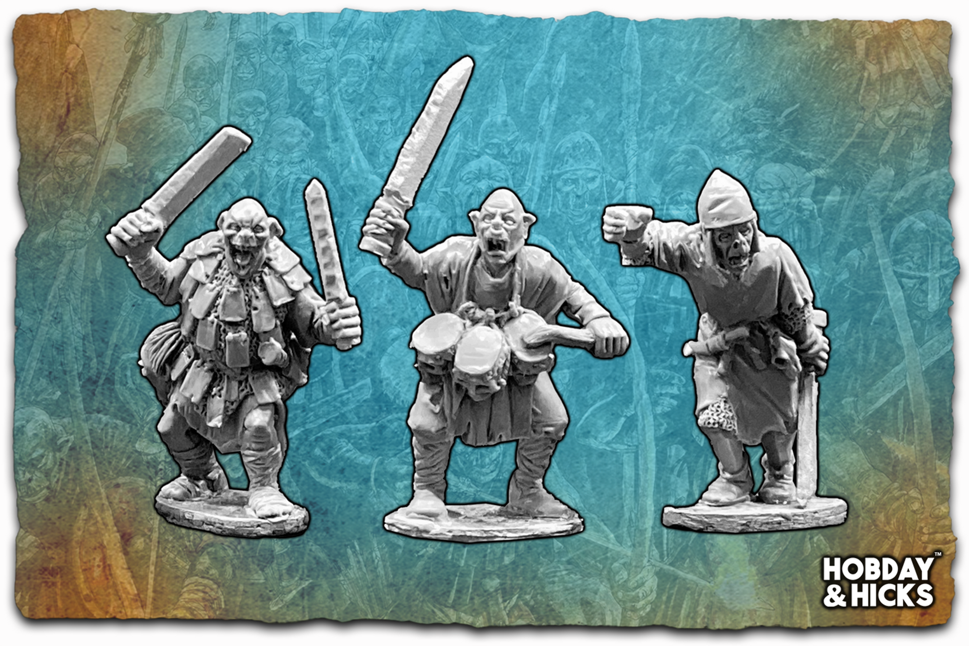 Orc Command Group featuring three detailed Mountain Orc figures in a dynamic pose.