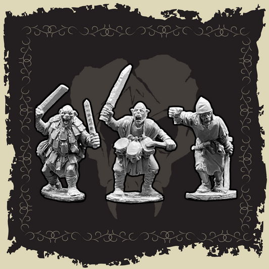 Orc Command Group featuring three detailed Orc miniatures wielding weapons and drums in a fierce pose.
