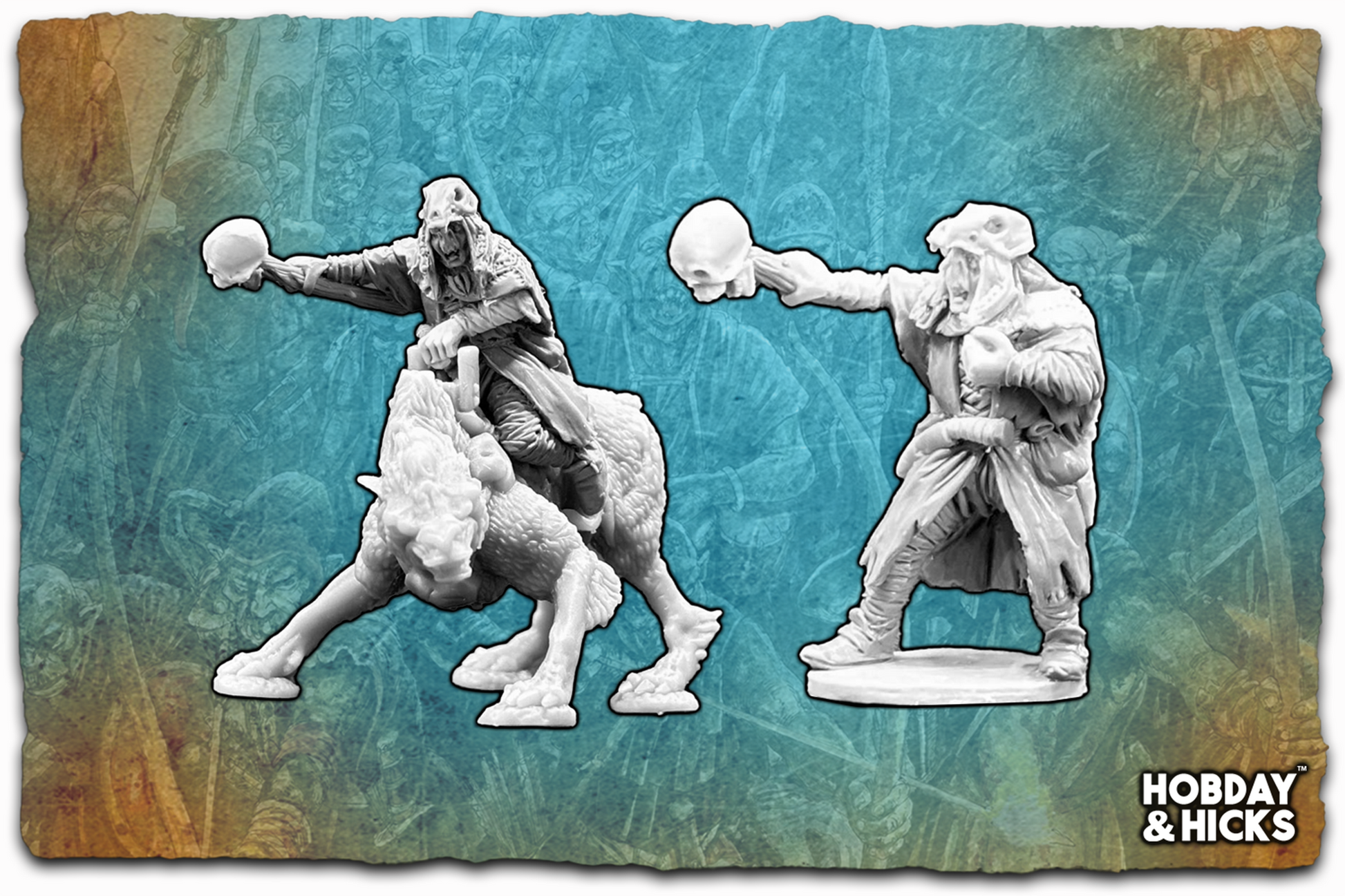 Orc Shaman figure on a wolf with a skull, showcasing mystical features and combat readiness.