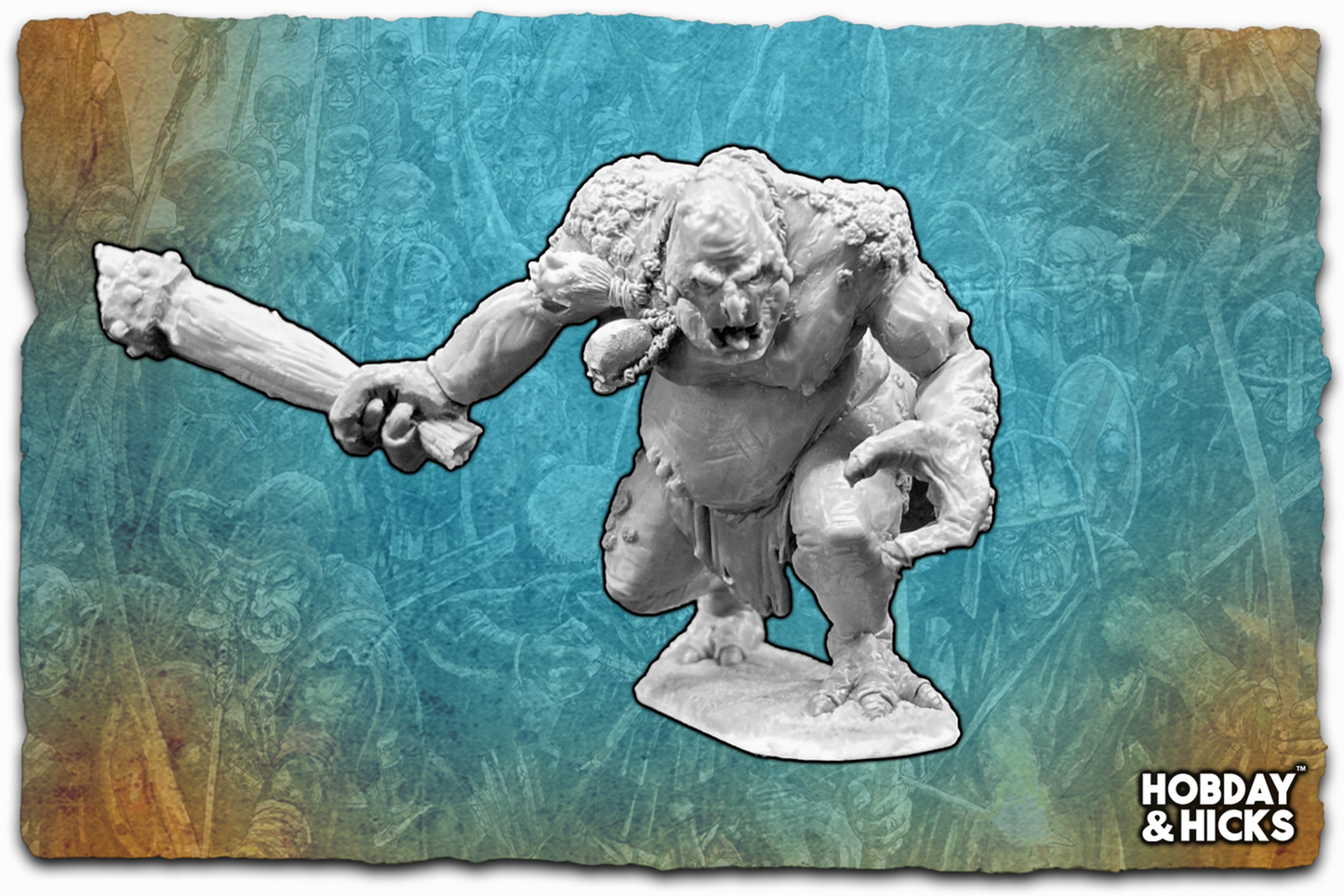 28mm Mountain Troll miniature with weapon, unpainted and ready for assembly on a 50mm base.